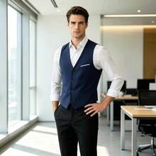 Navy Blue Structured Cut Dress Waistcoat Accented Pocket Trim Functional Side Patch Pockets Size XS-XXXL - 藏蓝色 - 查看 3