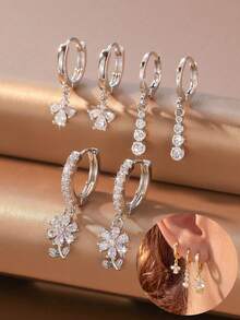 6pcs/Set Fresh Copper Inlaid Full Cubic Zirconia Flower Round Diamond Pendant Hoop Earrings Set Suitable For Women's Daily Commute And Date Wear - Flowers - View 1