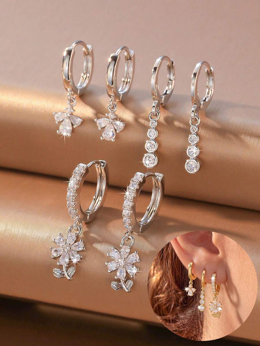 6pcs/Set Fresh Copper Inlaid Full Cubic Zirconia Flower Round Diamond Pendant Hoop Earrings Set Suitable For Women's Daily Commute And Date Wear - Flowers - View 1