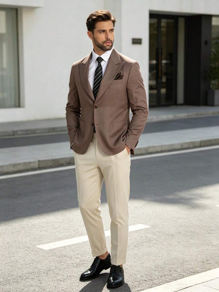 Men's Brown Pinstripe Pointed Collar Single-Button Lightweight Blazer, Slim Fit Business Separate Suit Jacket, Suitable For Office, Wedding, Daily Wear - Khaki - View 1