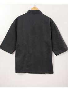 男士素色和服襯衫 日式廚師工作服 壽司店居酒屋小餐館 3/4袖和服工作制服 - 黑色 - 查看 2