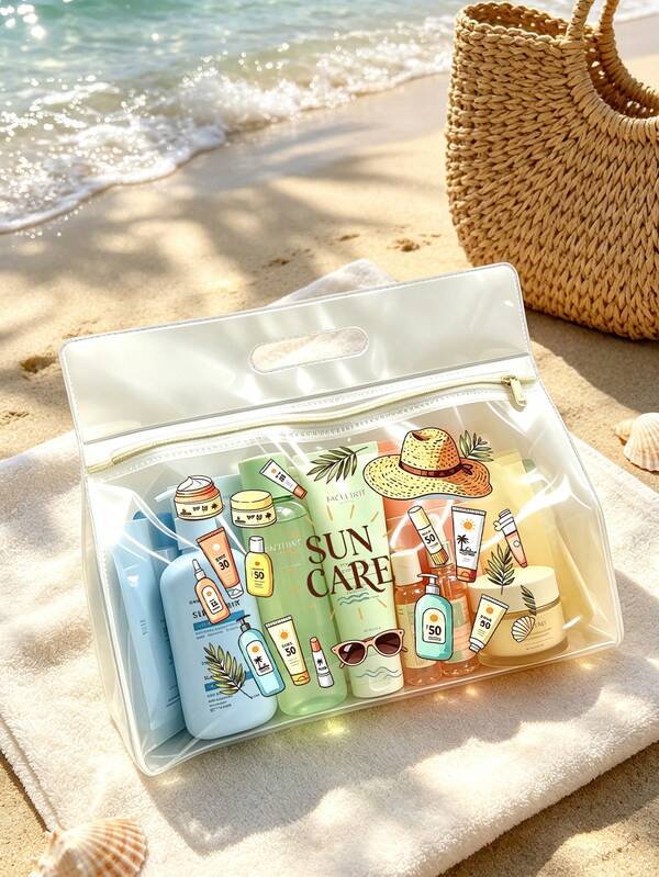 Transparent Toiletry Bag With "SUN CARE" Straw Hat And Fashion Glasses Sun Protection Pattern, Waterproof Travel Storage Bag, Suitable For Storing Shampoo, Lotion, Cosmetics, Etc., Adding Fashionable And Practical Feel To Travel/Daily Use, Ideal For Travelers, Commuters, Students, Beauty Enthusiasts, Perfect For Travel, Fitness, Hotel Stays, Daily Bathroom Storage, Versatile Use, Can Be Used As Toiletry Storage Bag, Back To School Gift, Friend Gift, Girl Gift