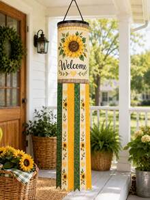 1pc Sunflower Welcome Wind Vane, Farmhouse Style Polyester Hanging Wind Chime With Cylindrical Top, Yellow-Green Long Tassel Tail, Floral Heart Print, Suitable For Porch, Patio, Balcony, Garden, Yard, Front Door, Summer & Autumn Home Decor - A - View 2