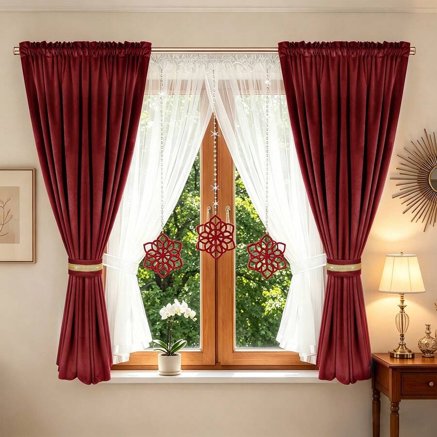 FLYINGCURTAINS Luxury Dual Layer Velvet & Voile Curtain Panels, Light Blocking Heat Insulation Privacy Window Curtains, Decorative Hanging Floral Ornament Design Curtain Set For Home Windows - Wine Red 10B - View 1
