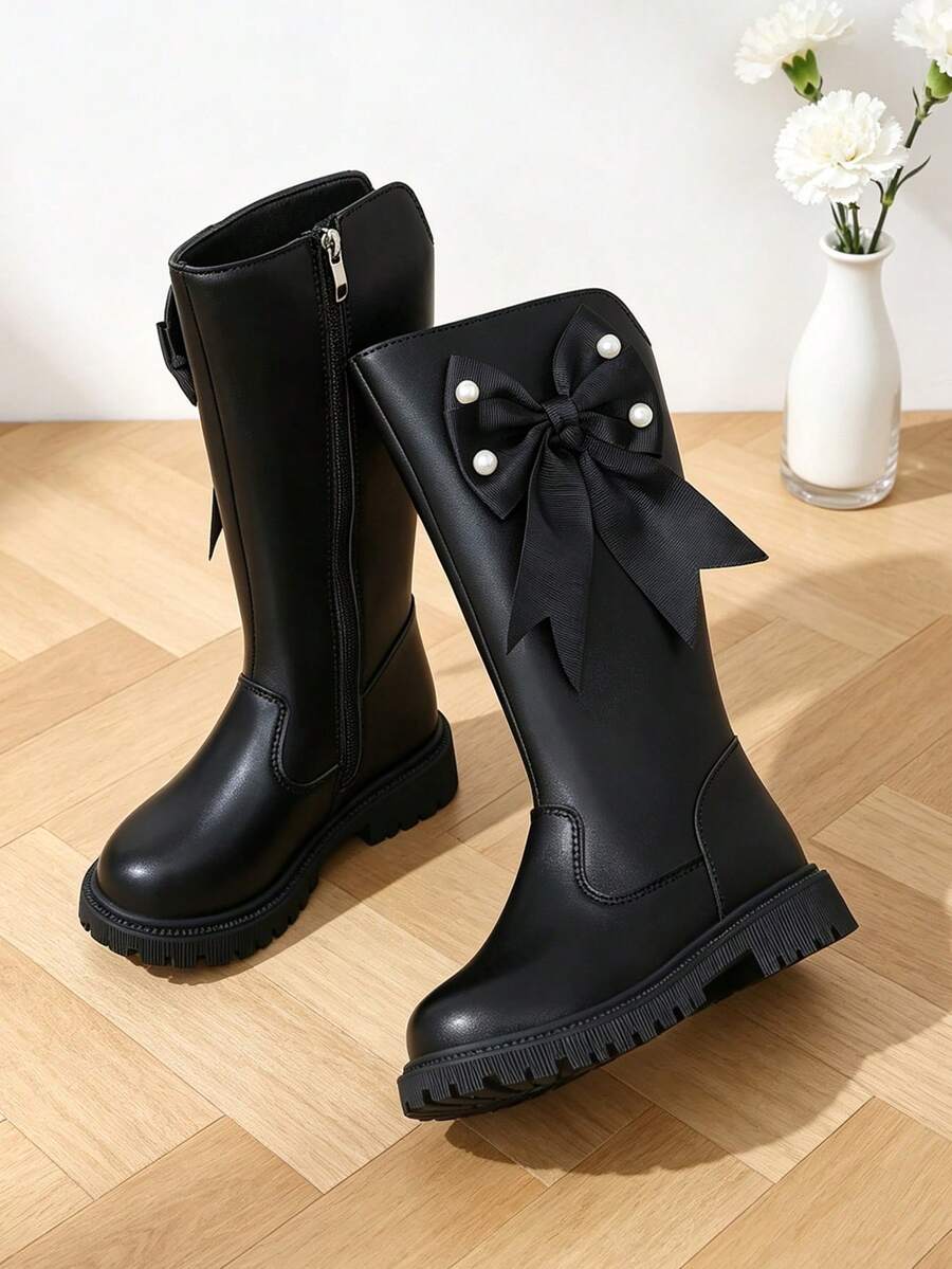 1 Pair Black Tall Riding Boots, Pearl Fabric Bow + Soft PU Material ...
