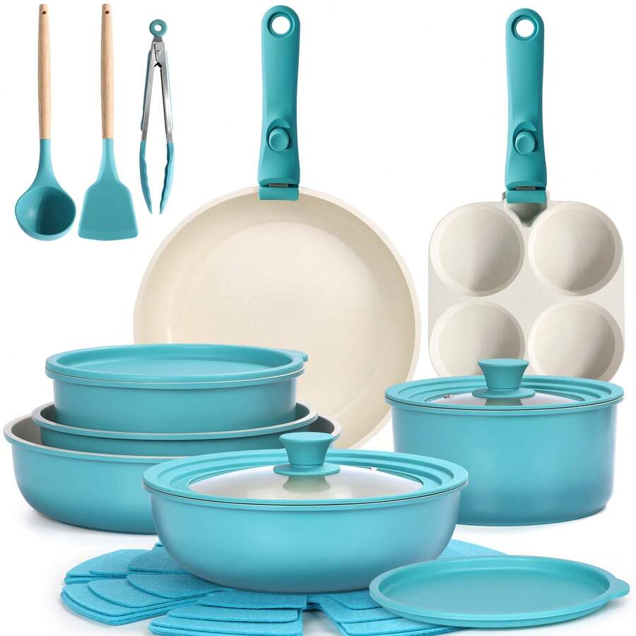 GiPP 21-Piece Upgraded Pan And Pot Set With Detachable Handle, Enlarged Pot Sizes, Ceramic Cookware Set, Stackable, For Induction And All Hobs, Blue Gradient - View 1