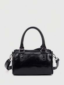 Minimalist Glossy Boston Handbag, Full Metal Rivet Decorated Front Zipper Pocket, Detachable Wide Strap Portable Bowling Crossbody Industrial Detail - Black - View 4