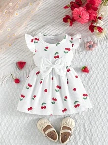 2 piezas/Set Bebé Cuello Redondo Manga Volante Estampado de Mariposa & unicolor Punto Acanalado Minimalista Lindo Primavera/Verano - Rosado Sandía - Ver 5