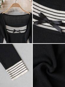 Autumn/Winter Casual Korean Sweet Style Square Collar Striped Bow Knit Sweater, Warm Gentle Elegant Versatile Base Layer Black - Black - View 11