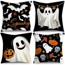 4pcs Cute Ghost Halloween Pillow Covers, Cartoon Bat, Spider, Pumpkin, Skull, Mushroom Cushion Covers, Black Background Minimalist Spooky Farmhouse Style Sofa Home Decor, Single-Sided, Pillow Insert Not Included - Black - View 11