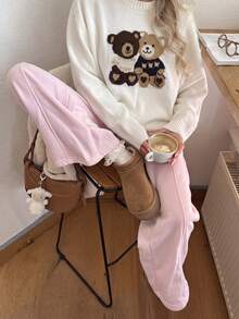 Women's Beige Cute Double‑Bear Jacquard Knit Sweater, Round Neck Loose Drop‑Shoulder Ribbed Long‑Sleeve Pullover, Fall Back‑To‑School Outfit, - White - View 5