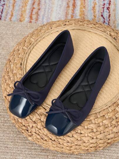 2026 New Women's Navy Blue Square Toe Mary Jane Shoes, Unique Bow Knot Patchwork Buckle Design, Versatile For Commuting, Elegant Fashion, Casual Minimalist