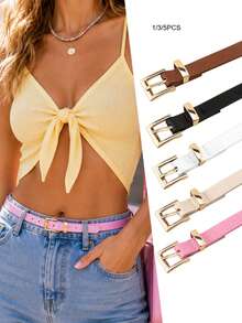 1/3/5PCS Solid Color Minimalist Versatile Thin Waist Belt With Geometric Buckle Dopamine Waist Belt - Gold Buckle - View 1