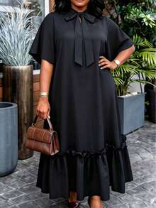 AOMEI Women Plus Size Black Loose Long Dress, Bow Collar With Ruffle Hem, African Minimalist Solid Color, Casual Church Style - Black - View 5