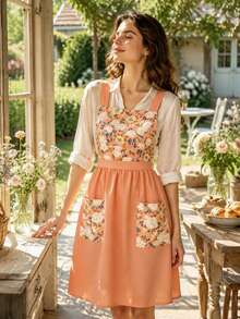 Women's Floral Print Apron Dress, Vintage Garden Style Kitchen Apron, Cute Sleeveless Ruffle Pocket Smock Dress, Suitable For Home And Gardening - Multicolor - View 6