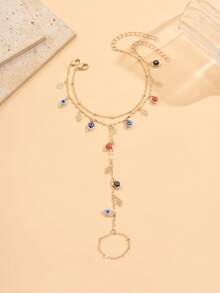 2pcs Gold Tone Finger Chain Mysterious Evil Eye Tassel Hand Chain, Charming Jewelry Accessory Suitable For Daily Wear And Party/Holiday, Handmade Colorful Beads On Chain Are Randomly Distributed - Multicolor - View 6