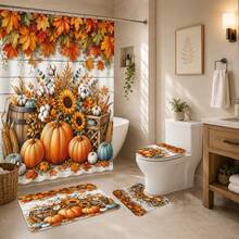 1pc/4pcs Autumn Harvest Pumpkin & Maple Leaf Multi-Functional Bathroom Decor Shower Curtain Set, Free 12 Hooks, Premium Holiday Atmosphere, Bathroom Mat, U-Shaped Rug And Round Toilet Lid Cover, Suitable For All Occasions, Bathroom Set - Pumpkin Harvest - View 4