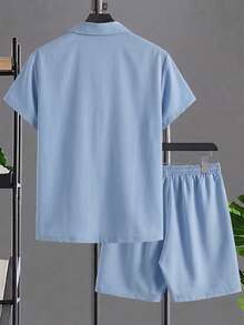 Plus Size Men's Shirt Set, Short Sleeve Shirt And Shorts 2-Piece Set, Solid Color Machine Washable, Plus Size - Baby Blue - View 5