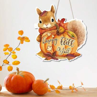 1pc Squirrel And Pumpkin Pattern Wooden Hanging Sign Decor, Happy Fall Y'all, Wall Art Decoration For Home Front Door Living Room Holiday Party Fall Autumn Party Harvest Festival Party Thanksgiving Party Turkey Day Party, Gift For Friend Family