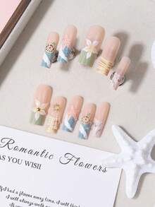 24片3D裸粉與藍色海洋波浪紮染美甲貼片，3D海龜、海星、貝殼、金屬太陽、手繪木紋海灘假指甲，附果凍膠＋美甲锉，適合甜美女孩風、店鋪探訪拍照、夏季旅行穿搭 - 彩色 - 查看 5