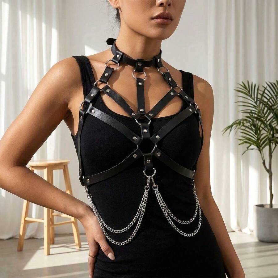 1pc Women's Renaissance Accessory Dark Gothic Cross Chest Strap Multi-Layer Chain Necklace, Suitable For Halloween Party Or Daily Wear - Black - View 1