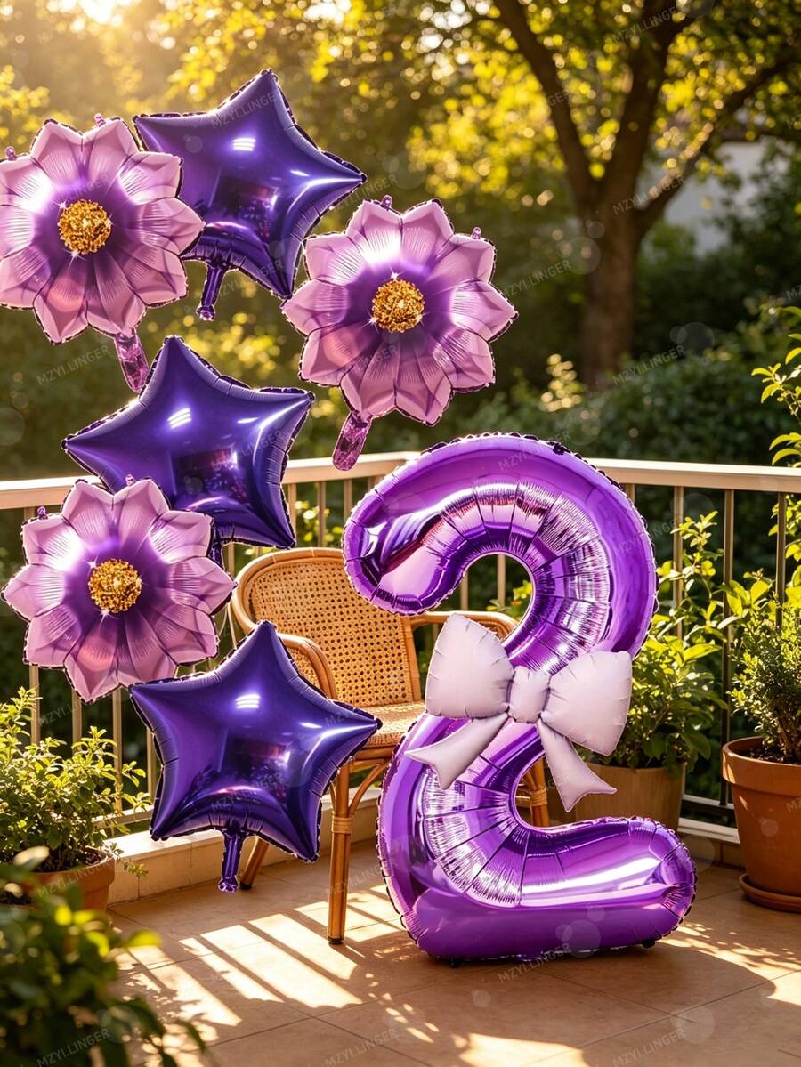Purple Flower And Star Balloon Set - 32 Inch Number Balloon With Light Purple Bow - Suitable For Indoor/Outdoor Decoration Theme Party Supplies - Especially Suitable For Birthday Party, Baptism Party And Bachelorette Party. - Purple Flower - View 1