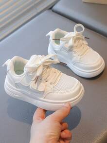 Infant & Toddler Simple Versatile Casual Sports Shoes - Spring/Autumn New Unisex Skate/Training-Running Shoes, Lace-Up Closure, Comfortable Breathable Mesh And Soft Upper, Lightweight Sole, Fashionable Daily And School Children's Shoes - White - View 5