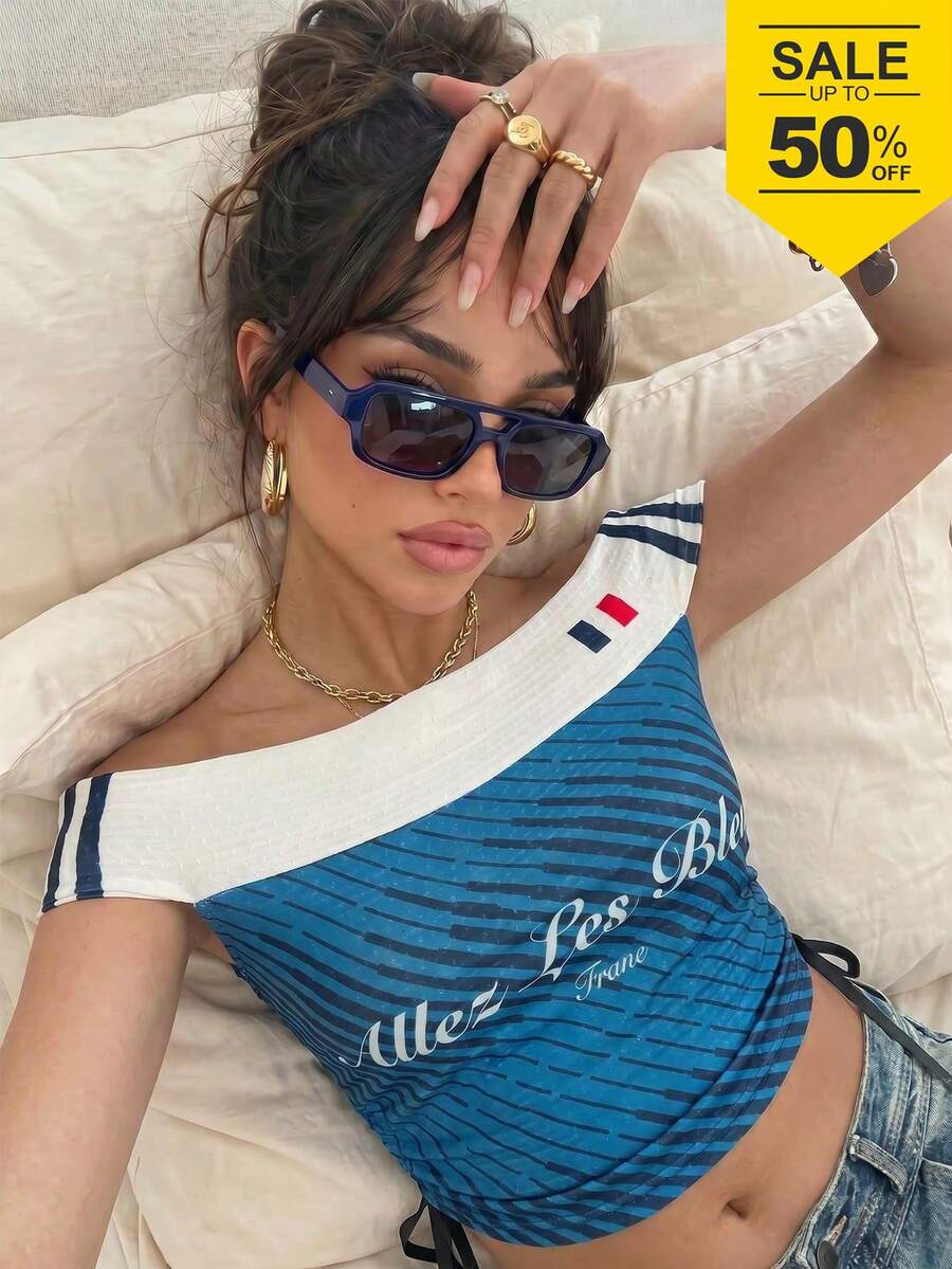 Camiseta corta ajustada con hombros recortados y malla, estilo francés casual, adecuada para el estilo callejero, parte superior de primavera/verano, conjunto de verano para mujer, Copa Mundial - Azul - Ver 1