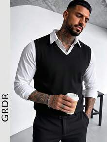 GRDR 男士纯色V领休闲百搭针织背心 - 黑色 - 查看 2