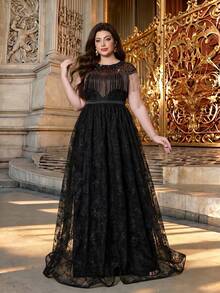 Anpoket Black Plus Size Lace A-Line Gown With Fringe & Beaded Neck, Elegant Women's Summer Prom & Bridal Evening Dress For Party & Festival - Black - View 5