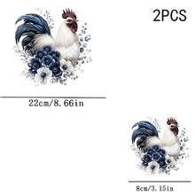 1/2/3 pezzi Decalcomania per trasferimento termico con gallo blu e bianco in stile inchiostro, corpo bianco con cresta rossa e piume della coda sfumate blu navy, circondato da crisantemi blu e bianchi argentati, foglie di eucalipto e rametti sottili, stampa fai-da-te vintage Morandi con fiori e uccelli in acquerello, adatta per magliette, camicie, borse in tela - Multicolore - Visualizzare 8