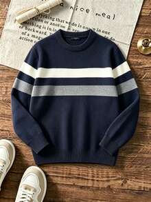Boys' Colorblock Striped Crew Neck Knit Sweater, Casual Long Sleeve Knit Pullover, Warm Autumn/Winter Top - Navy Blue - View 3