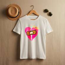 Casual Streetwear Style, Men's T-Shirt, Broken Heart With Bandage Graphic Print, Summer Daily Wear, % Cotton, Healing Love-Themed T-Shirt. - White - View 3