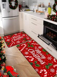 1/16pcs Christmas Decorative Floor Mat (40x60cm / 50x80cm / 40x120cm) Minimalist Style, Red Background With Candy Cane And Holly, Suitable For Christmas Winter Home Decor, Entryway Mat, Bathroom Kitchen Holiday Decoration - Multicolor - View 4