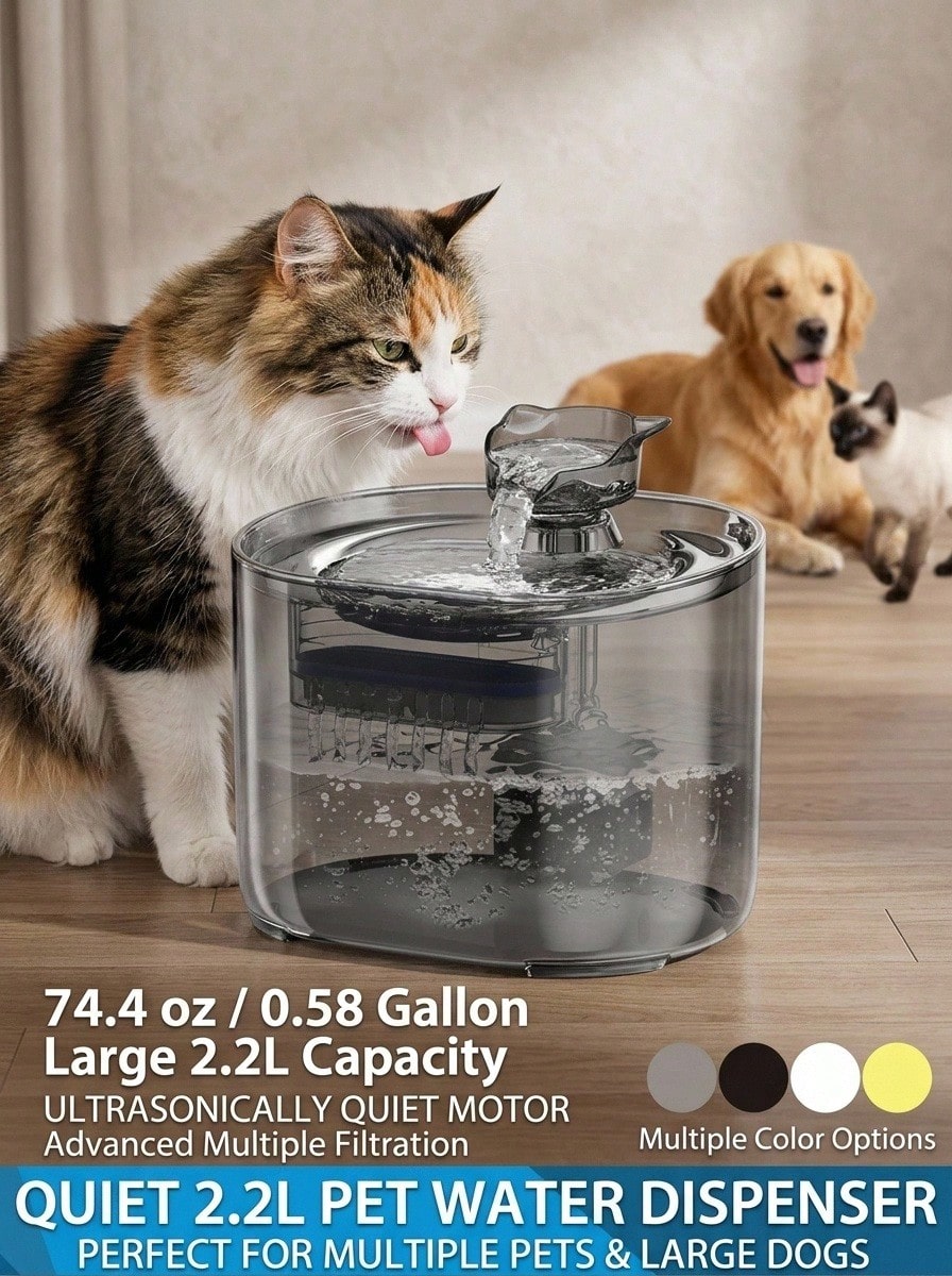 PETSIN 2.2L/74.5oz/0.58 加仑猫形自动宠物饮水器，超静音水泵，适用于中小型猫和狗，可单独购买替换泵
