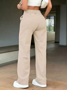 Solid Color High Waist Slimming Petite Commuter Versatile Casual Long Pants - Apricot - View 4