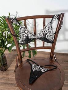 2 pezzi/Set Completo di Reggiseno e Slip in Pizzo Floreale Stile Francese alla Moda per Donna - nero - Visualizzare 6
