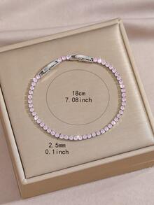 1pc Pink Diamond Studded Gold Tennis Chain Bracelet, Multiple Sizes Available, Exquisite Versatile Women's Accessory, Densely Set Zirconia, Sparkling Jewelry Under Light - Silver - View 3