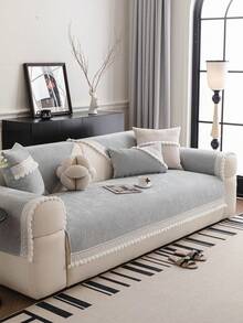 ALPLUME 1 buah Bantal Sofa Minimalis Serbaguna Gaya Nordik Warna Polos, Hiasan Pom Pom dengan Trim Renda, Sarung Sofa Anti Selip Sepanjang Musim, Dapat Dicuci dengan Mesin, Ramah Hewan Peliharaan, Cocok untuk Sofa Tunggal, Ganda, Tiga, Empat, dan Sofa Seksi, Kerajinan Jacquard, Dekorasi Rumah - Light Grey - View 2