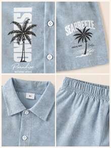 Tween Boy Casual Minimalist Collared Cardigan Shirt And Shorts 2 Pieces Set, Suitable For Summer - Dusty Blue - View 4