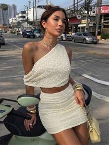 Women's Sexy Asymmetric Neckline Ruched 2 Pieces Set, White Semi-Sheer Crochet Crop Top And Mini Skirt, Suitable For Summer Party - Apricot - View 5