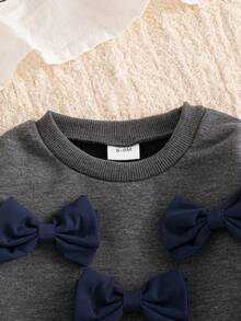 Autumn/Winter Baby Girl Cute Blue Double-Layer Bow Round Neck Versatile Loose Sweatshirt & Black Casual Long Pants Commuter Set - Grey - View 5