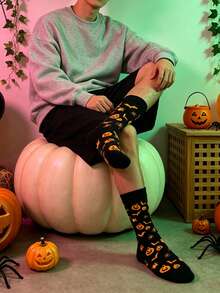 1 Pair Black Base Orange Pattern Halloween All-Over Print Mid-Calf Socks, Pumpkin Bat Spider Goblin Fun Print Party Atmosphere Unisex Slouch Socks - Multicolor - View 11