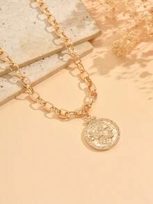 1pc Casual Chunky Jewelry Minimalist Gold Collarbone Chain Fashion Versatile Gold Chain Portrait Pendant Thick Necklace Charming Women's Jewelry Suitable For Daily Wear, Shopping, Photo, Party And Gathering - Gold - View 3