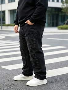 Men's Plus Size Loose Wide Leg Black Denim Jeans, Vintage Frayed Patchwork Distressed Denim Pants, Street Style Casual Wear For Multiple Occasions - Black - View 6