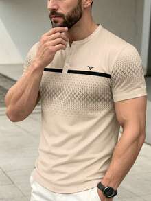 Men's Summer Comfortable Minimalist Contrast Color Diamond Pattern Print Button Short Sleeve T-Shirt - Multicolor - View 5