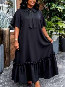 AOMEI Women Plus Size Black Loose Long Dress, Bow Collar With Ruffle Hem, African Minimalist Solid Color, Casual Church Style - Black - View 2