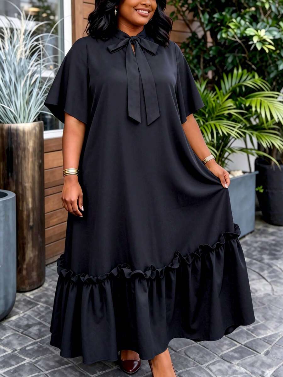 AOMEI Women Plus Size Black Loose Long Dress, Bow Collar With Ruffle Hem, African Minimalist Solid Color, Casual Church Style