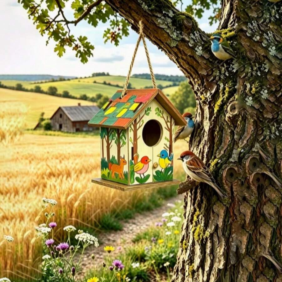 Hand-Painted Wooden Hanging Birdhouse, Forest Animal Bird & Deer Print Bird Nest, With Hanging Rope, Colorful Tiled Roof Bird Shelter, Outdoor Garden Backyard Tree Decoration, Gift For Bird Lovers - A - View 1