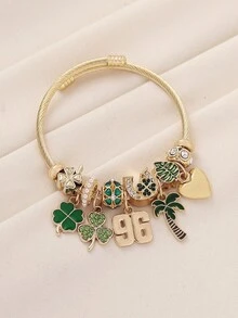 1pc Saudi Arabia 96th National Day Commemorative Green Palm Tree 96 Number Clover Pendant Beaded Bracelet Multi-Element DIY Bangle Suitable For Women Daily Holiday Celebration Party Wear - Green - View 11